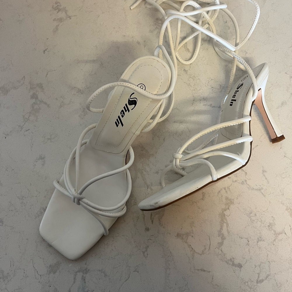 SHEIN White Vegan Leather Square Toe Lace-Up Stiletto Heels